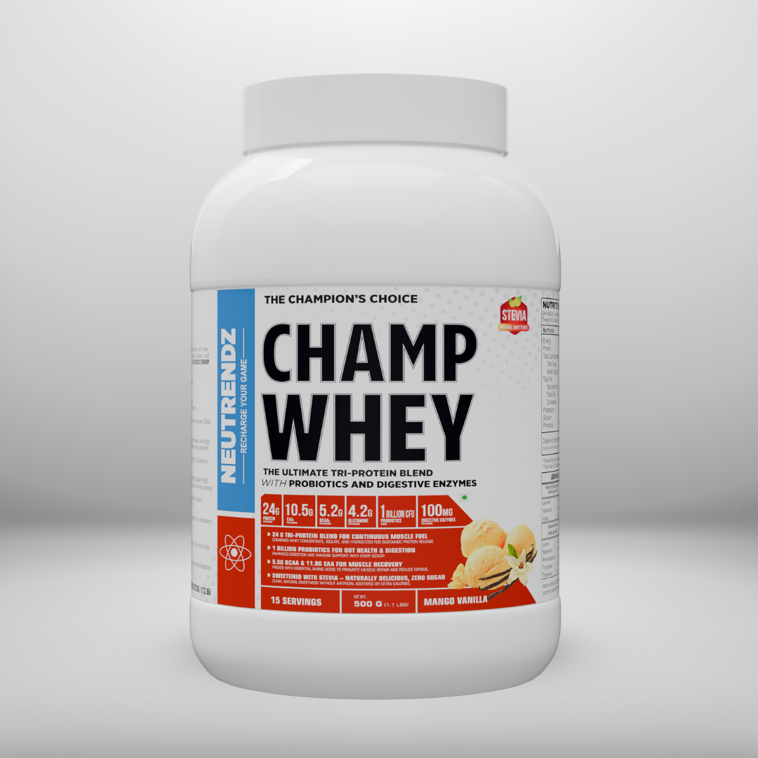 500g Mango Vanilla NEUTRENDZ CHAMP WHEY – PREMIUM TRI-PROTEIN BLEND MANGO VANILLA 500G - Image 1
