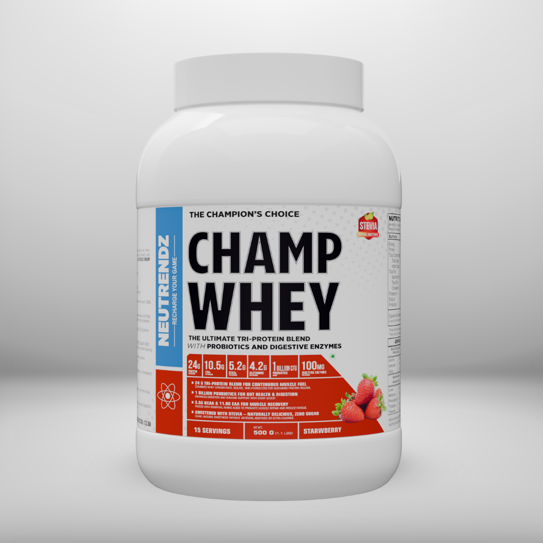 500 g starwbeery NEUTRENDZ CHAMP WHEY – PREMIUM TRI-PROTEIN BLEND STRAWBEERY 500G - Image 1